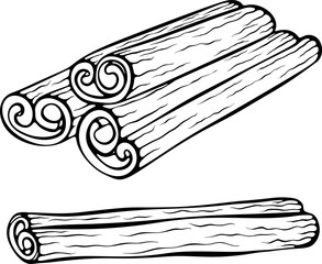 Set of cinnamon sticks. Aromatic spice for culinary or festive themes. Vector illustration in hand drawn doodle sketch style. Line art isolated on white for coloring book, print