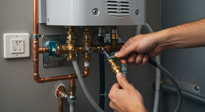 A person tightening a brass fitting on a tankless water heater with copper pipes and electrical outlet nearby