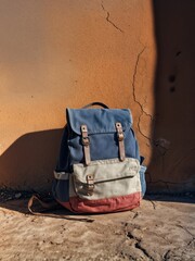Old, worn backpack thrown away against the cracked street wall. Back to school, forgotten knowledge conceptual background.