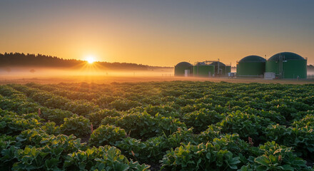 A field of crops with a biogas plant in the background at sunrise with fog and a treeline in the distance