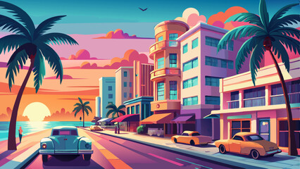 Obraz premium Pastel Art Deco buildings line Ocean Drive, glowing under a warm sunrise. Palm trees sway beside turquoise waters. Classic cars in soft pink and teal reflect the early light. Smooth sand and gentle 
