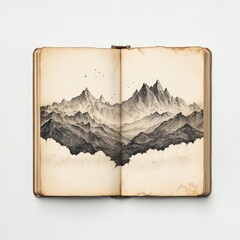 An open vintage book features a detailed black-and-white drawing of mountain ranges spanning both pages with birds flying above.