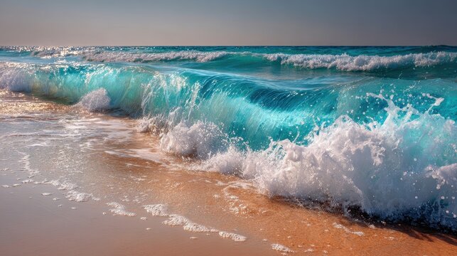 Ocean wave cresting on the sand at a beach in Summer at early morning, calm turquoise blue sea water coming to the shore