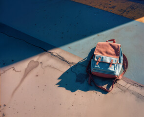 Old, worn backpack thrown away against the cracked asphalt. Back to school, forgotten knowledge flat lay background.