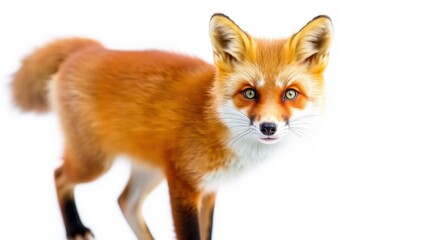 Alert fox with striking green eyes and orange fur against a white background