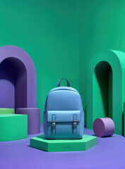 Blue backpack on a stand surrounded by green and purple mockup scene. Back to school minimalistic, futuristic background.