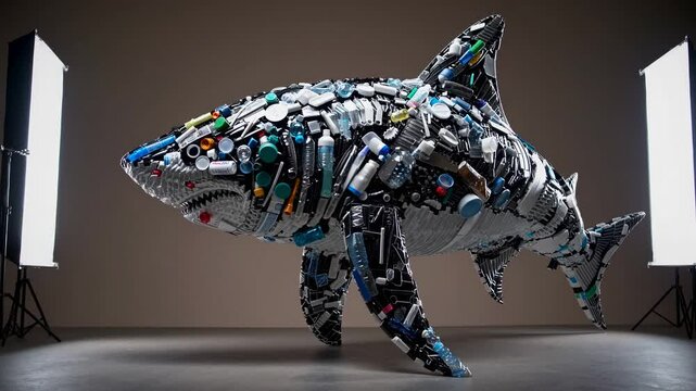Shark sculpture made of plastic waste and recycled materials in studio lighting setup.