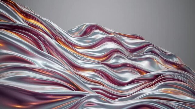 Abstract metallic fluid waves in red, silver, and orange tones on a smooth background.