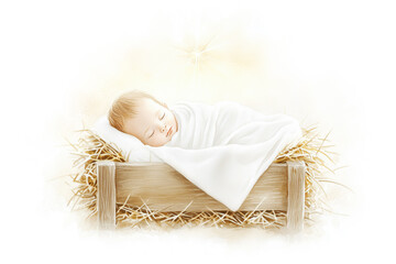 Jesus Christ Sleeping in Manger Under Shining Star Watercolor Isolated on White Background