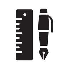 Stationery set icon with a ruler and a fountain pen for school education office work and creative design or architectural drawing tool vector solid glyph icon