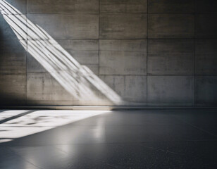 Parallel sunlight beams casting distinct patterns on a gray concrete wall and floor