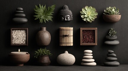 Relaxing zen composition with buddha statue, candles, plumeria flowers, stones, and vase for meditation and spa atmosphere