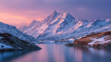 Twilight reflection of snowcapped mountains serene lake nature