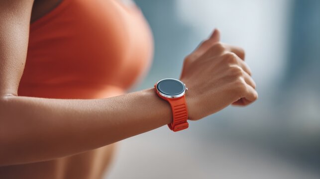 Jogging with smartwatch health tracking close-up urban environment