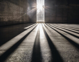 Parallel sunlight beams casting distinct patterns on a gray concrete wall and floor