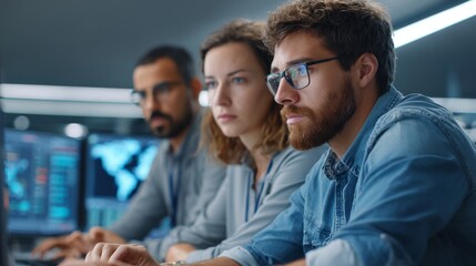 It experts analyzing data in modern control room tech hub work environment