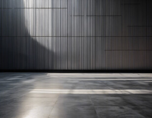 Parallel sunlight beams casting distinct patterns on a gray concrete wall and floor