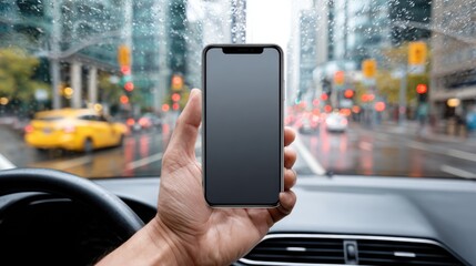 Hand holding smartphone with blank screen inside the car, blurred rainy city street view through windshield.