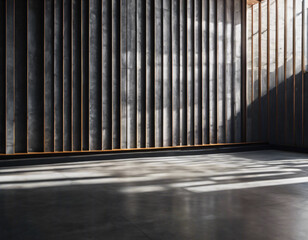 Parallel sunlight beams casting distinct patterns on a gray concrete wall and floor