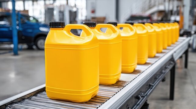Yellow plastic jerry cans on conveyor belt, in a factory setting, ready for filling and shipping.