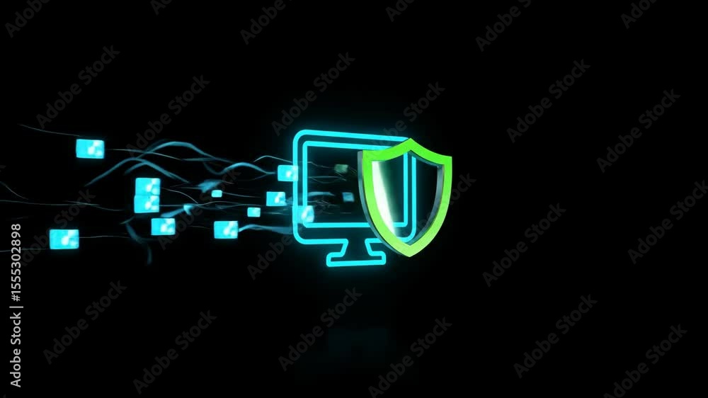 Poster Computer monitor showing evolving digital security icon and incoming data visualization footage