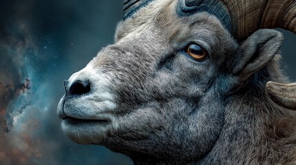 Majestic bighorn sheep portrait in winter showcasing its powerful horns and detailed fur, set against a dark mountainous background