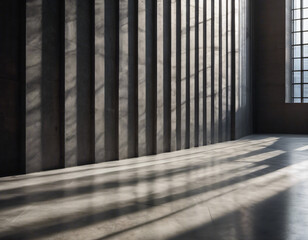 Parallel sunlight beams casting distinct patterns on a gray concrete wall and floor