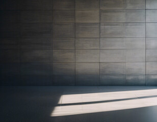 Parallel sunlight beams casting distinct patterns on a gray concrete wall and floor