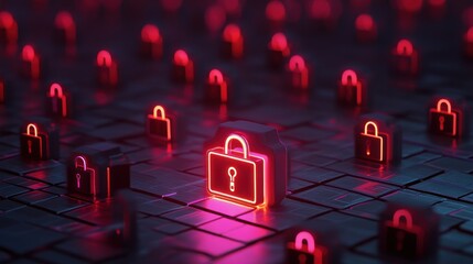 Neon padlock array on a dark surface