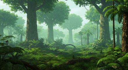 Lush green forest scene with tall trees ferns and dense undergrowth in a misty and atmospheric setting