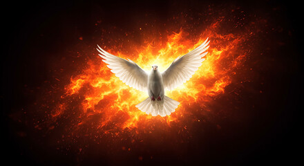 A white dove with outstretched wings surrounded by vibrant orange flames against a dark background glow 100