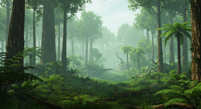 A lush prehistoric forest with tall trees ferns and a distant dinosaur in a misty jurassic landscape