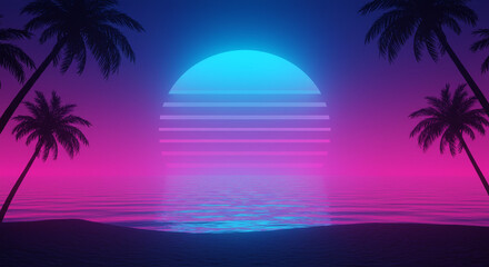 Neon sunset over ocean with palm trees in a retro style evoking a sense of nostalgia and summer vibes