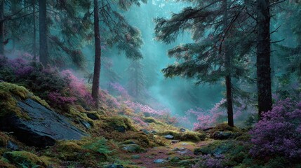 Mystical woodland path with fog and blooming rhododendrons in a pacific northwest forest during a calm, overcast early morning