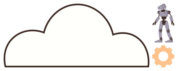 Cloud graphic alongside a robot and gear, symbolizing AI, automation, technology, data storage, digital transformation. Ideal for AI, computing, innovation robotics cloud futuristic tech simple