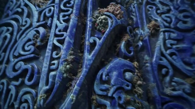 interior scenes of abandoned ruins underwater, walls and pillars made of lapis lazuli, crumbling scenes, dim light