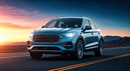 Sleek blue SUV speeds down a scenic highway at sunset, embodying freedom and modern automotive design.