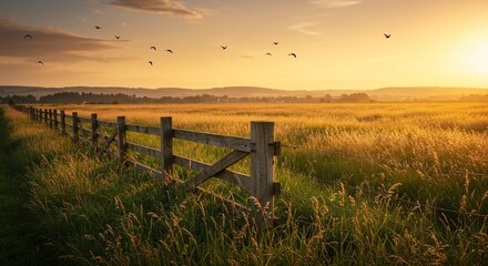 Obraz premium Golden Hour Meadow with Wooden Fence and Birds in Flight