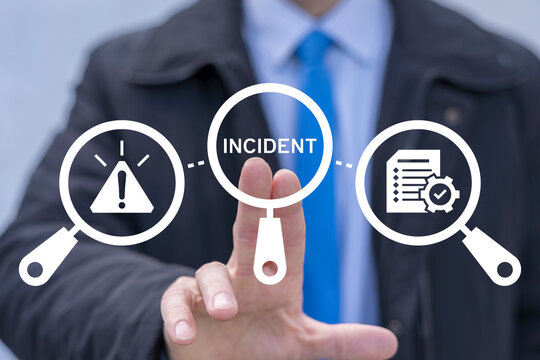 Business person using virtual touch screen presses the text: INCIDENT. Incident Management and Report Business Concept. Incident Response Plan.