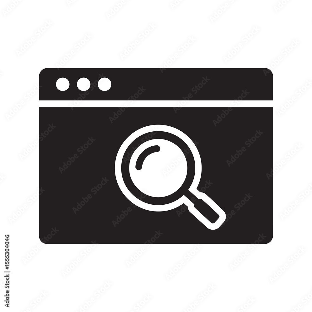 Poster web search engine icon with magnifying glass for internet browsing online research information disco
