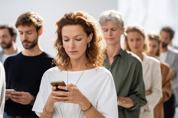 Obraz premium A company of office people with smartphones in their hands. People with cell phones in their hands. Concept: addiction to the Internet and smartphones, social isolation, modern loneliness.