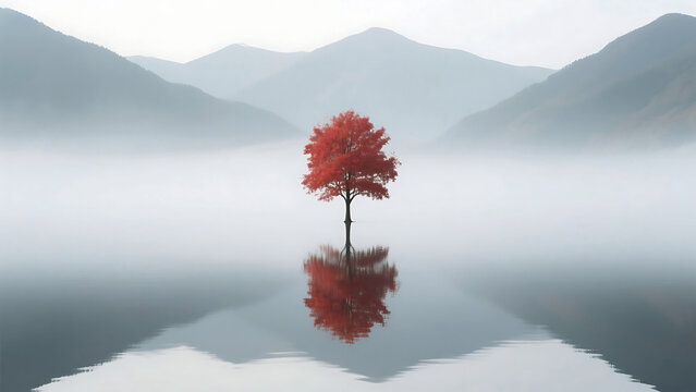 Solitary red tree stands in calm water reflecting mountains shrouded in mist - Powered by Adobe