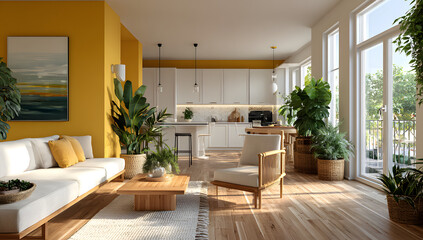 Elegant and trendy kitchen and living room setup with wooden elements, wall art, and plants, perfect for a modern home interior.