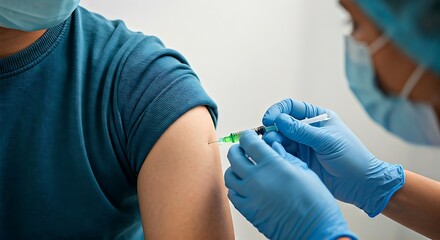 Doctor administering vaccine to patient in clinic with needle and syringe filled with green liquid for disease prevention.