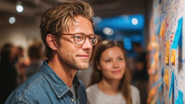 Man working on planning strategy with sticky notes and a pen in an office late at night to meet deadline goals and boost team productivity - Powered by Adobe