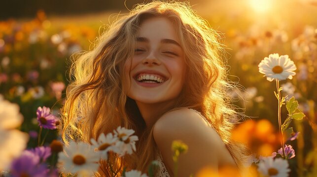 Woman laughs in a field of wildflowers at sunset
