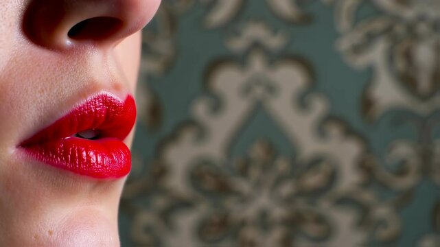 Subtle lip movement and expression against elegant patterned background