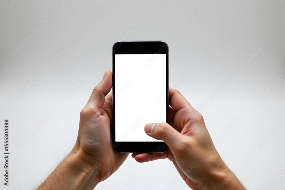 Poster modern tech interaction: a close-up shot of hands holding a sleek smartphone with a blank screen. im