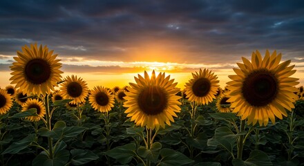 Obraz premium Golden Hour Sunflower Field with Dramatic Sunset Sky