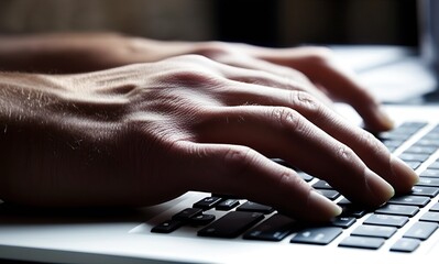 Fototapeta premium Hand turning werewolf paw typing on laptop